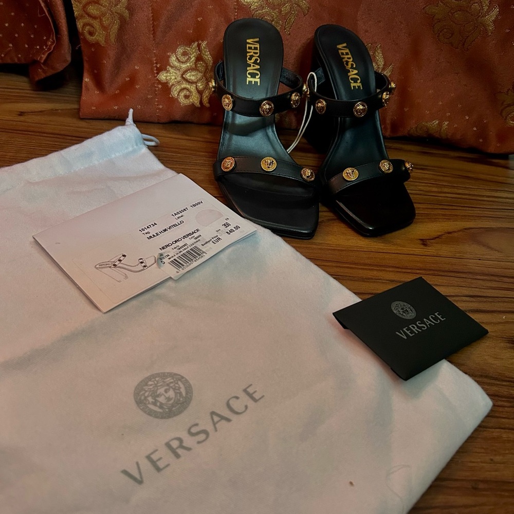 Versace Black Sandals with Gold Medallions